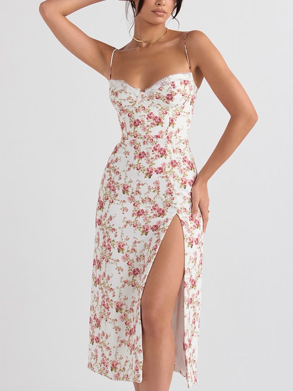 House of CB  Charlotte Rose print corset midi  Dress with Side Slit